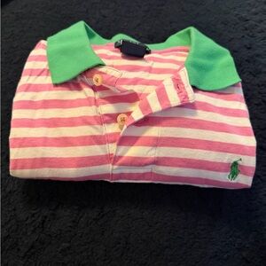 Ralph Lauren Kids Polo in Pink and White Stripes with Green Collar